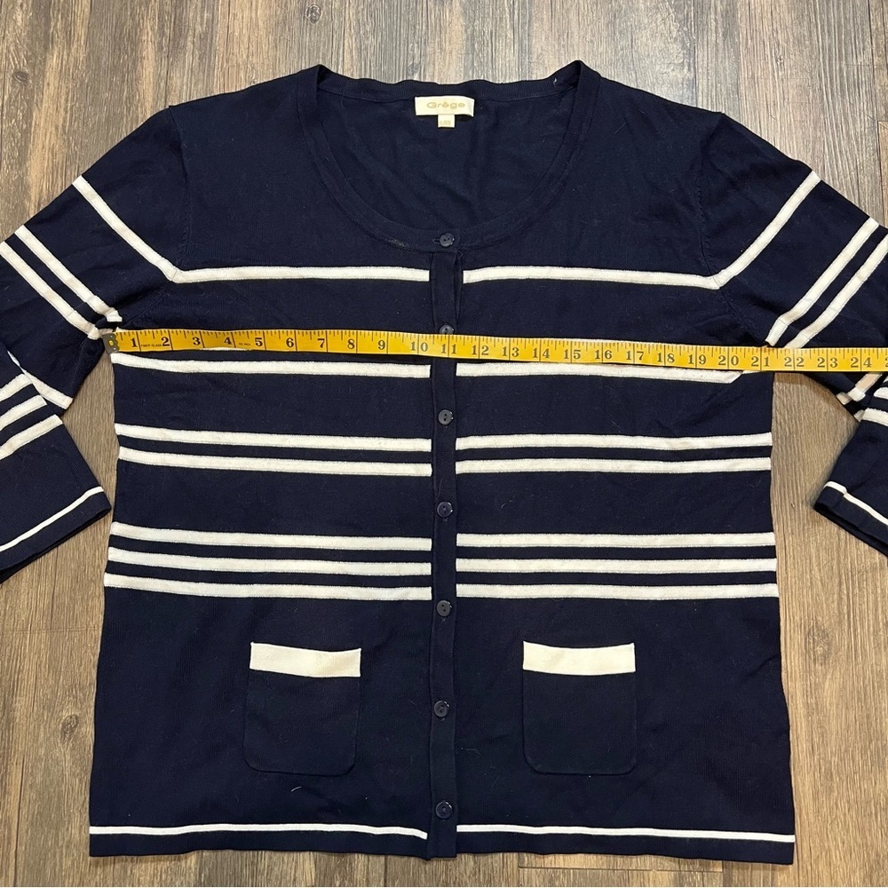 Grege Navy Blue White Stripe Button Up Short Knit Cardigan Sweater 1/4 Sleeve XL - Picture 9 of 10